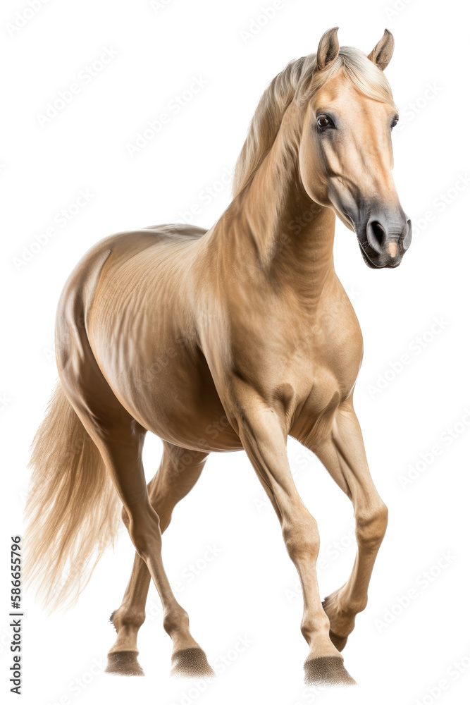 Obraz premium an equestrian-themed photographic illustration of a Palomino horse rearing and running on a transparent background in PNG. T-shirt design. Generative AI