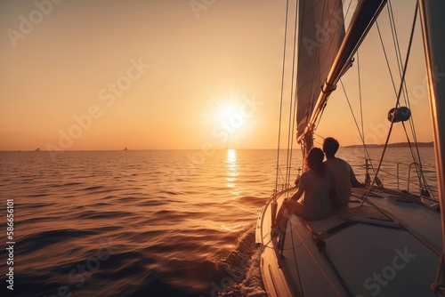  two people sitting on a sailboat in the ocean at sunset.  generative ai