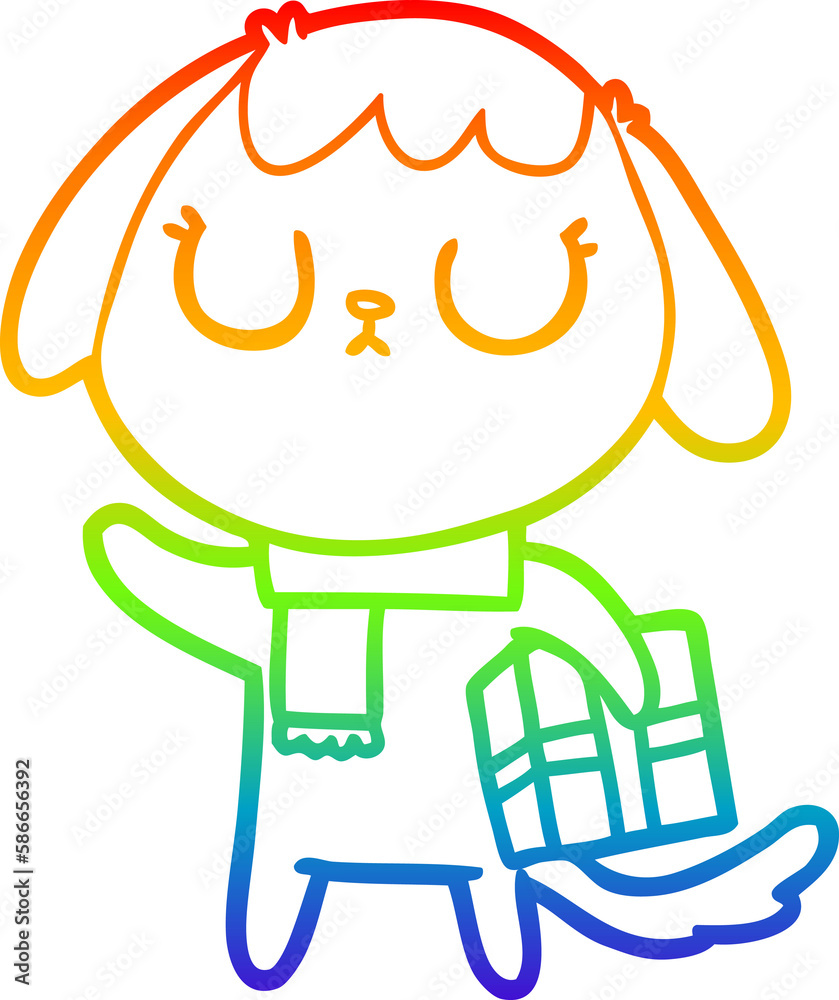 rainbow gradient line drawing cute cartoon dog with christmas present rainbow gradient line drawing cute cartoon dog with christmas present