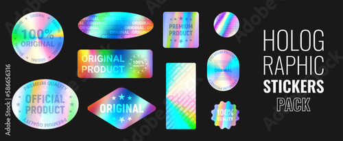 Set of holographic stickers for original products. Vector illustration with iridescent foil adhesive film. Holography labels for quality products. Gradient stickers.