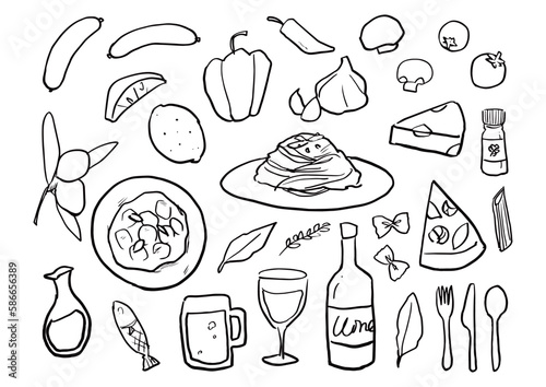 いろいろなイタリア料理の手描きイラスト線画セット。Hand drawn illustration line drawing set of various Italian dishes.