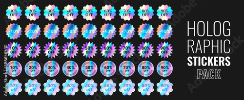 Set of holographic discount stickers. Vector illustration with iridescent foil adhesive film. Holographic labels for sale events. Gradient stickers for mark amount of discounts.