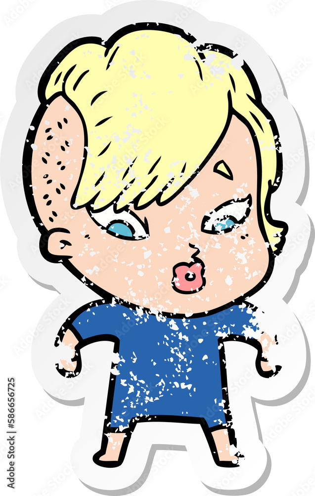 distressed sticker of a cartoon surprised girl distressed sticker of a cartoon surprised girl