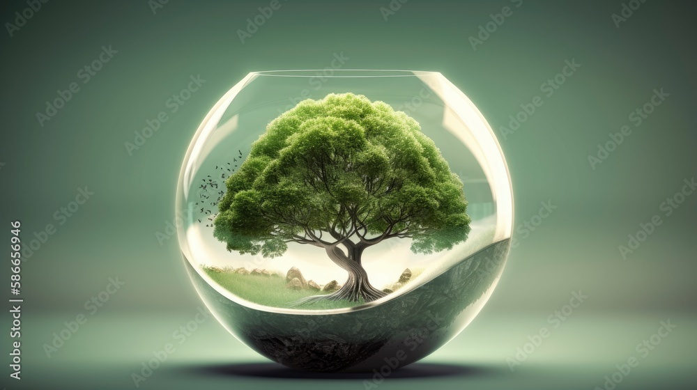 A glass bawl with a tree inside. Generative AI