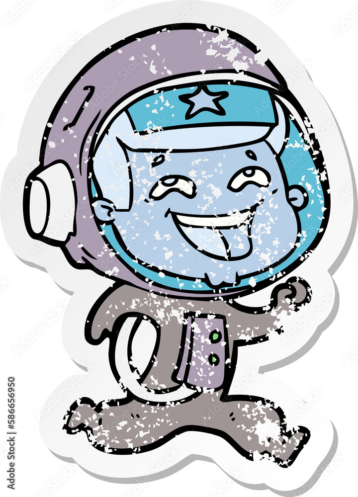 distressed sticker of a cartoon laughing astronaut distressed sticker of a cartoon laughing astronaut