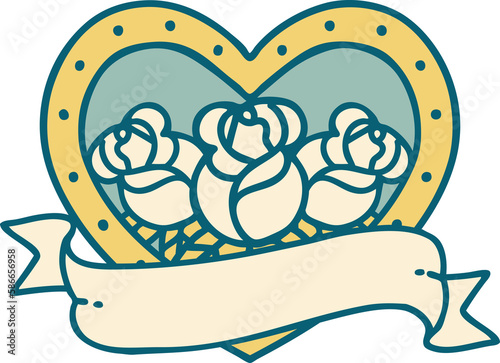 tattoo style icon of a heart and banner with flowers