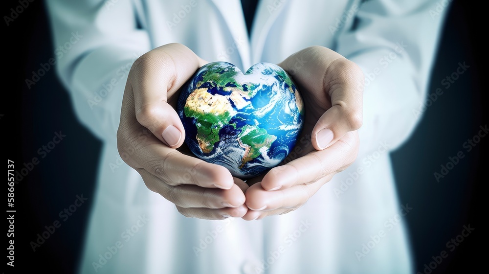 Hands holding a globe with a map of the world on it. Generative AI