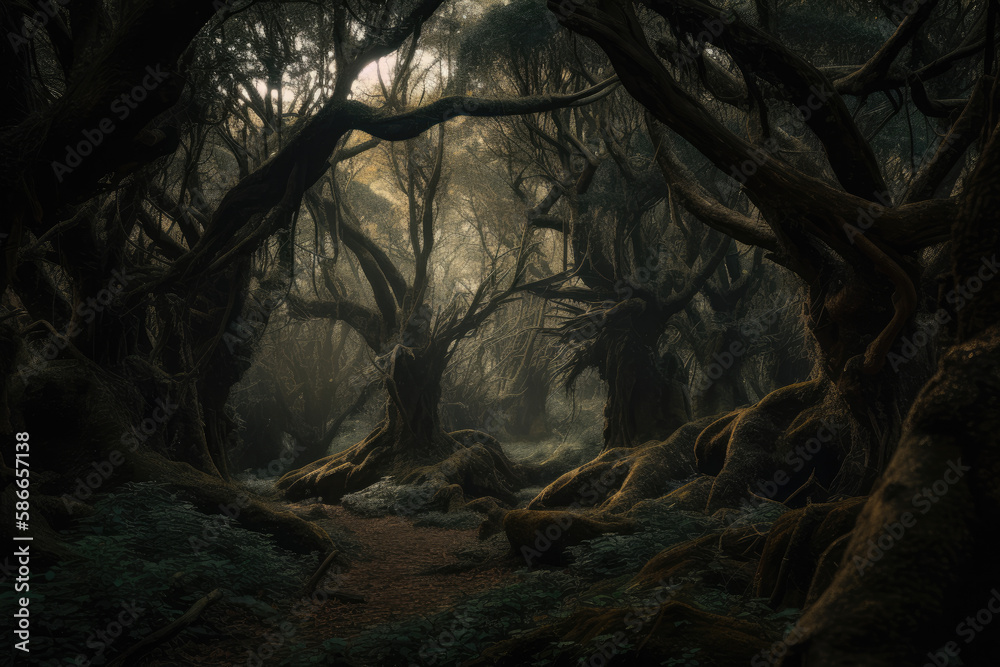 Tree in the woods, dark and fantasy forest created with AI