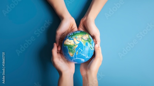 Hands holding a globe with a map of the world on it. Generative AI