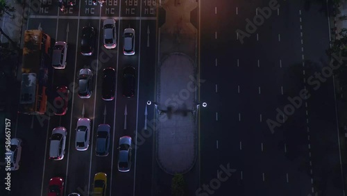 Multi-lane Asian road front of traffic circle. Amazing aerial view flight drone photo