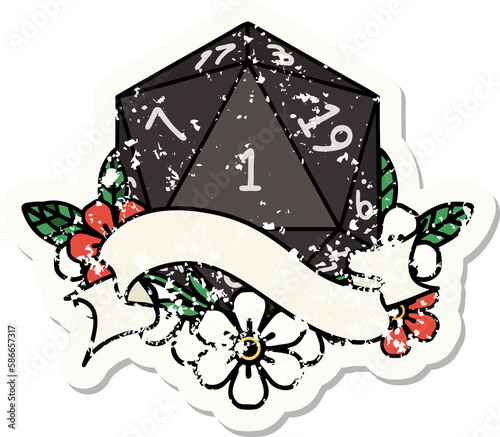 natural one d20 dice roll grunge sticker