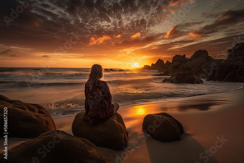 A lady sitting watching a sunset on a rock of the shore  Generative AI