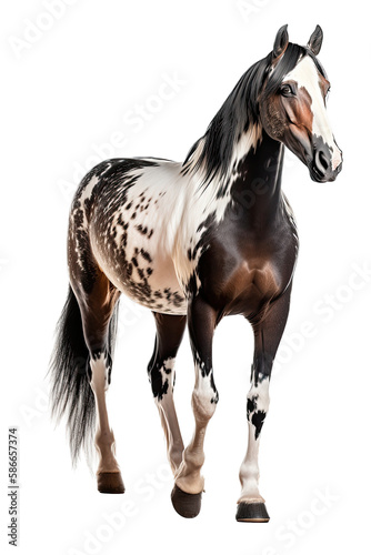an equestrian-themed photographic illustration of a painted pinto horse Mustang stallion rearing  jumping  and running on a transparent background in PNG. T-shirt design. Generative AI