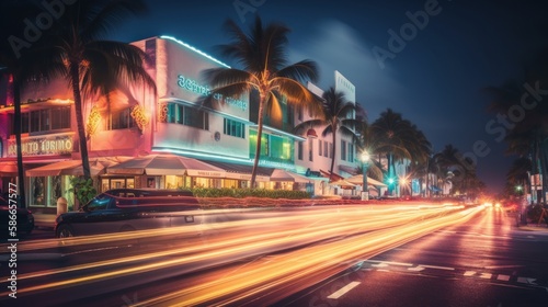 Immerse yourself in a world of Magical Realism with this highly detailed editorial-style photo, capturing the flow of traffic from a low camera angle with a long exposure shot. The neon lights, cinema © qntn