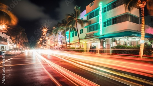 Immerse yourself in a world of Magical Realism with this highly detailed editorial-style photo, capturing the flow of traffic from a low camera angle with a long exposure shot. The neon lights, cinema