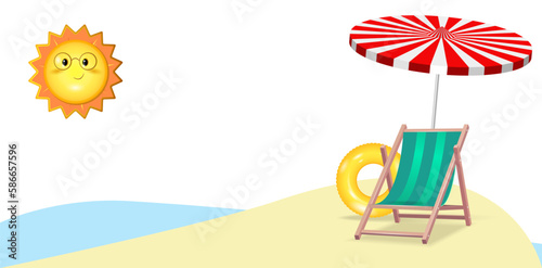 Isolated realistic 3d objects. Illustration of travel, tourism during vacation.
Chaise longue, umbrella, seashore. Vector image.