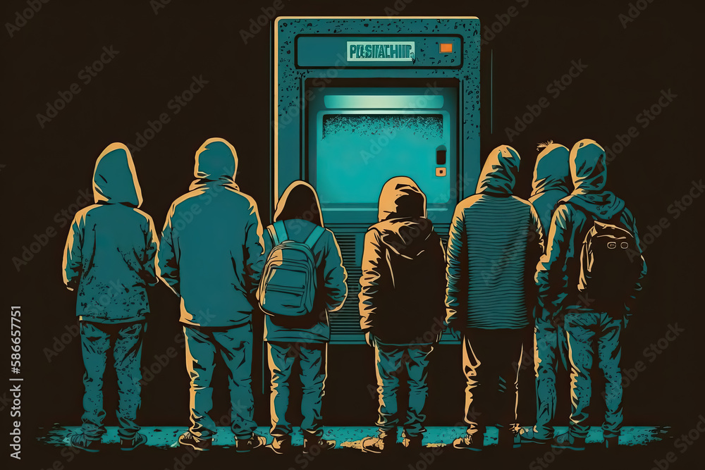 Angry People Standing Around A Malfunction ATM Cannot Get Money Out angry-people-standing-around-a-malfunction-atm-cannot-get-money-out