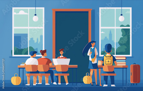 Banner back to school. Illustration of students in the classroom. Generative AI.