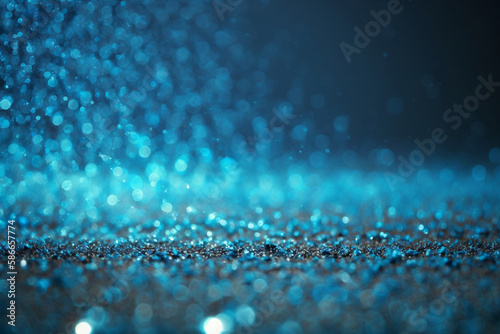Blue glitter falling on horizontal surface, Generative AI