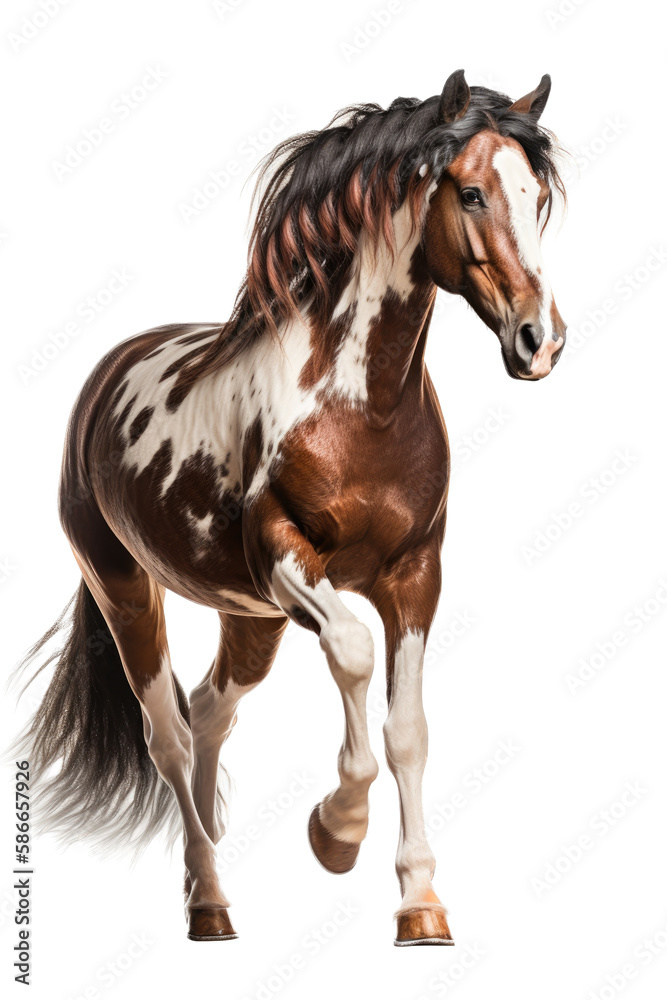 Obraz premium an equestrian-themed photographic illustration of a painted pinto horse Mustang stallion rearing, jumping, and running on a transparent background in PNG. T-shirt design. Generative AI