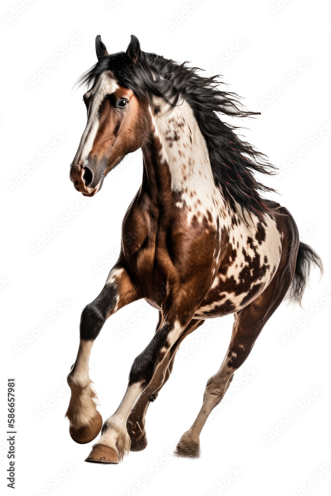 an equestrian-themed photographic illustration of a painted pinto horse Mustang stallion rearing, jumping, and running on a transparent background in PNG. T-shirt design. Generative AI