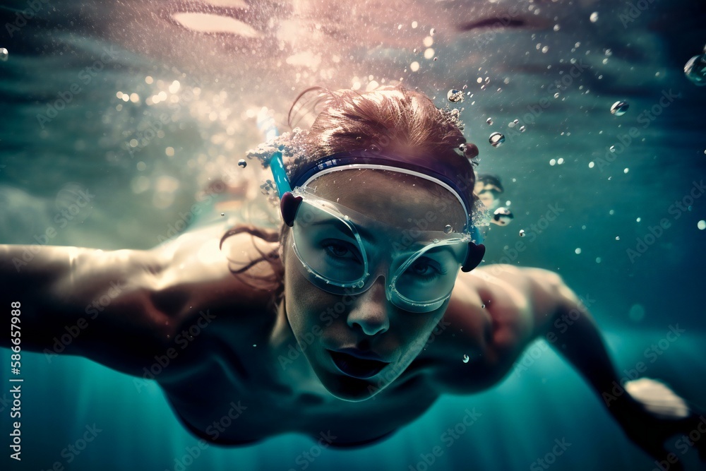 Fototapeta premium Underwater close-up of a female swimmer, made with help of Generative AI