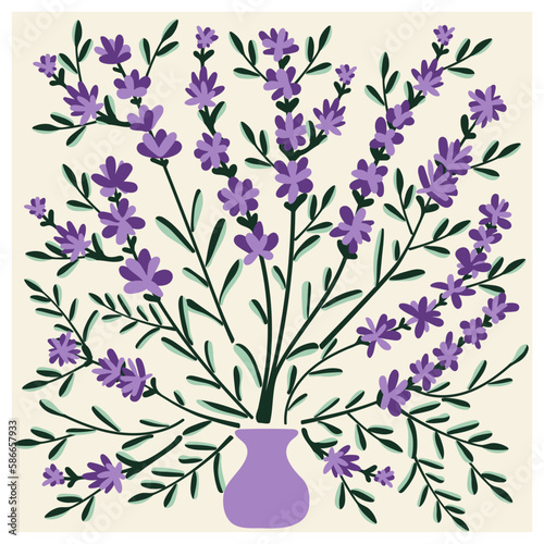 Floral retro poster with lavenders.Trendy hand drawn flowers infantile style. Seventies, groovy background.Matisse curves aesthetic.Decorative contemporary botanical elements.Vector naive art print