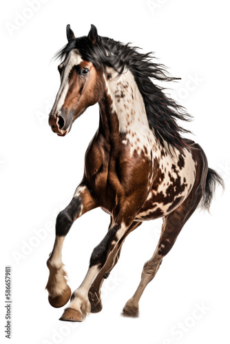 an equestrian-themed photographic illustration of a painted pinto horse Mustang stallion rearing  jumping  and running on a transparent background in PNG. T-shirt design. Generative AI