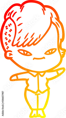 warm gradient line drawing cute cartoon girl with hipster haircut