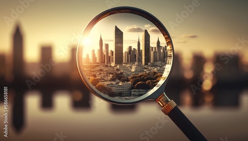 Magnifying glass viewing city skyline, Generative AI
