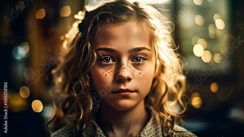Portrait of ittle girl with sad and nostalgic look, made with help of Generative AI photo