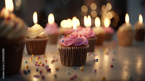 Birthday Cupcake with Candles. Illustration AI Generative.