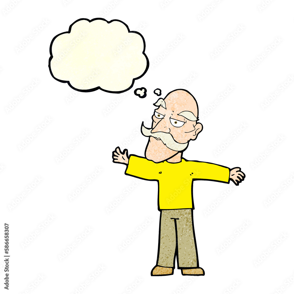 cartoon old man spreading arms wide with thought bubble cartoon old man spreading arms wide with thought bubble