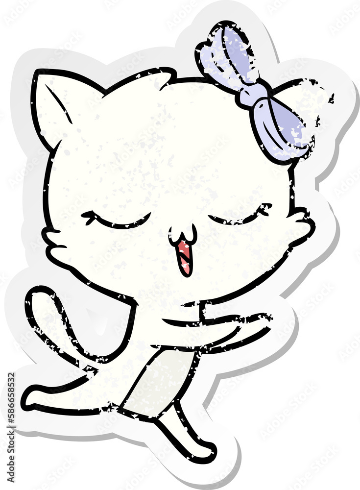 distressed sticker of a cartoon cat with bow on head distressed sticker of a cartoon cat with bow on head