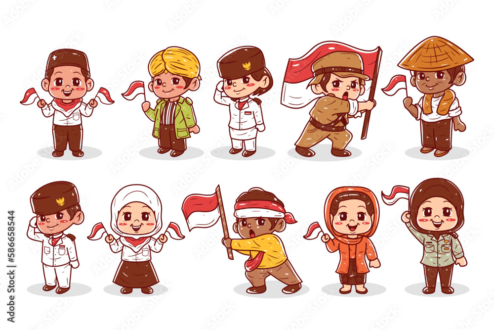 Set of indonesian character independence day illustration. Independence day of indonesia character. Cute kids character. Set of indonesian character independence day illustration. Independence day of indonesia character. Cute kids character.