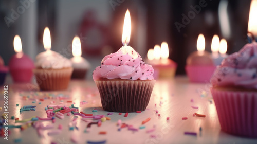 Birthday Cupcake with Candles. Illustration AI Generative.