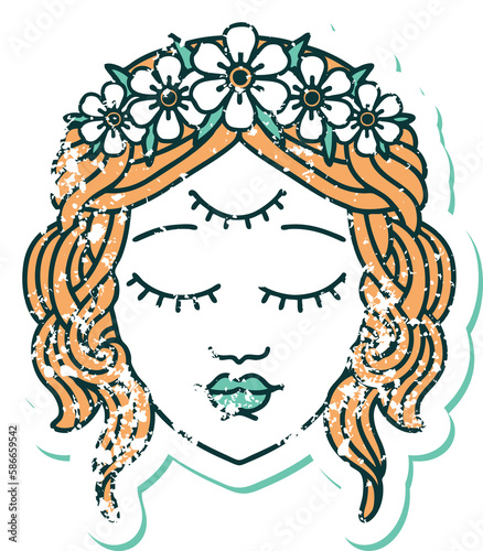 distressed sticker tattoo style icon of female face with third eye