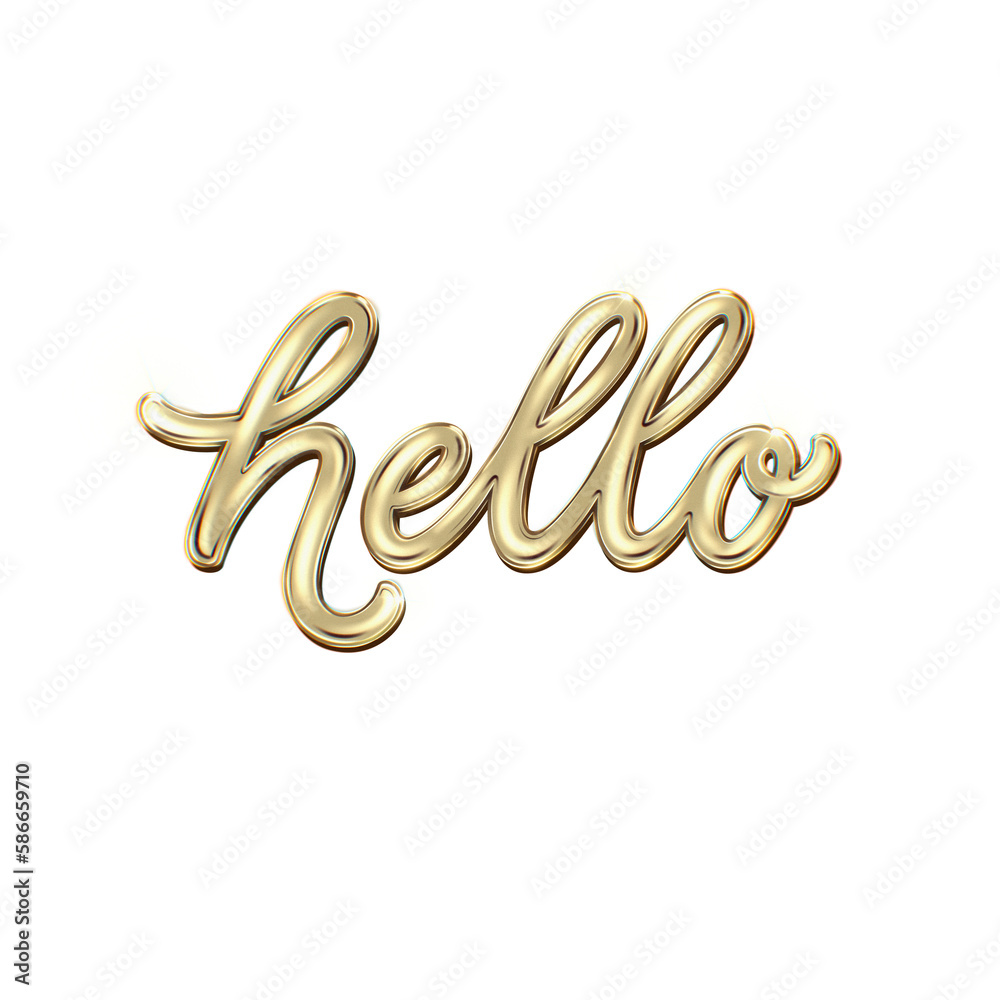 Hello - hand written 3D effect golden lettering. Modern shiny sparkles texture calligraphy.