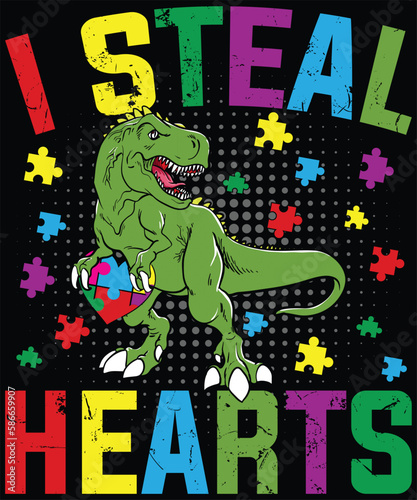  I Steal Hearts T-rex Dinosaur Baby Boys Autism Awareness T-Shirt design. Autism Awareness Day T-Shirt Design Template, Illustration, Vector graphics, Autism Shirt, T-Shirt Design. autistic design, 