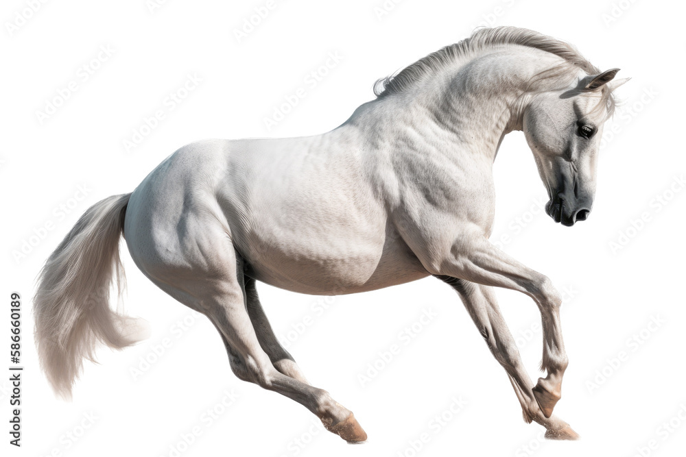 an equestrian-themed photographic illustration of a white horse mustang stallion colt rearing, jumping, and running on a transparent background in PNG. T-shirt design. Generative AI