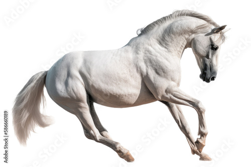 an equestrian-themed photographic illustration of a white horse mustang stallion colt rearing, jumping, and running on a transparent background in PNG. T-shirt design. Generative AI