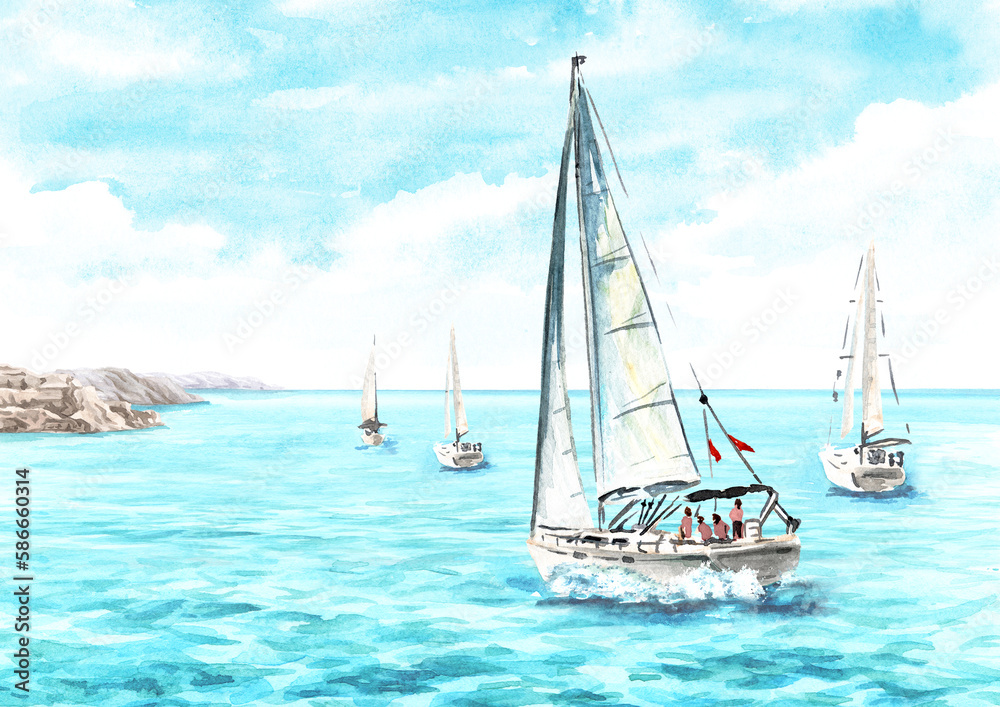 Sailboat, sailing yacht on the waves near the coastline. Hand drawn watercolor illustration