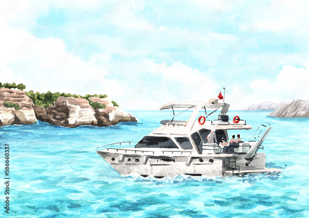 Naklejka premium Sea boat, yacht on the waves near the sea cliff. Hand drawn watercolor illustration isolated on white background