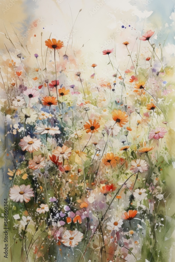 Immerse yourself in a sea of blooming flowers with this beautiful pastel watercolor image of a field in full bloom. Created by AI.
