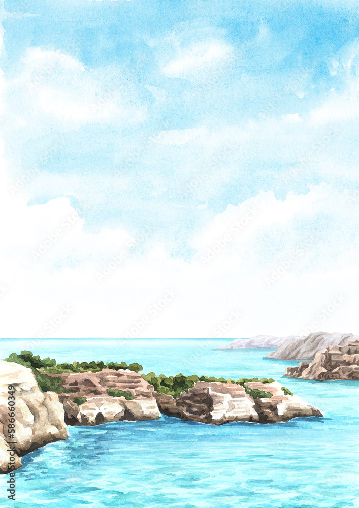 Sea cliff, Coastal rocks, Hand drawn watercolor illustration and background