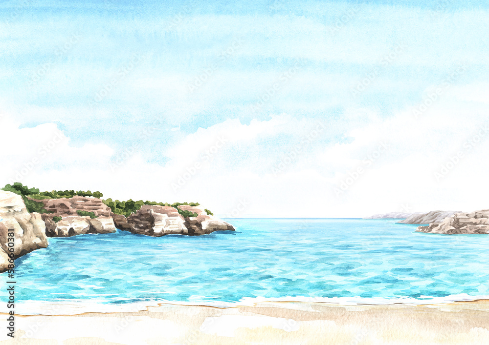 Fototapeta premium Seascape, blue lagoon.Tropical beach with sea and blue sky, summer vacation concept and background. Hand drawn watercolor illustration