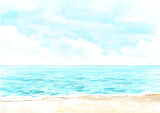 Seascape.Tropical beach with sea and  blue cloudy sky, summer vacation concept and background. Hand drawn watercolor illustration