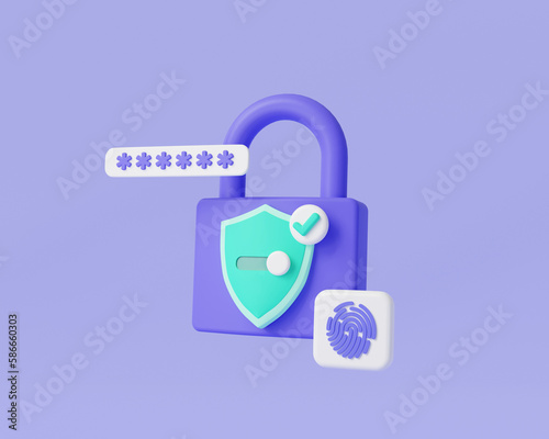 Padlock with shield protection with fingerprint and password. Data protection, private access icon, password security access, protection personal information. Security concept. 3d render illustration