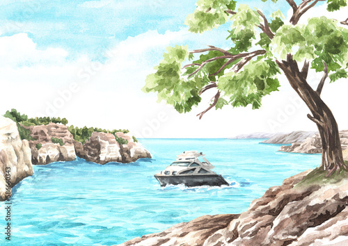 Sea boat, yacht on the waves near the sea cliff, Hand drawn watercolor illustration