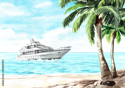 Sea boat  yacht on the waves near the tropical beach. Hand drawn watercolor illustration
